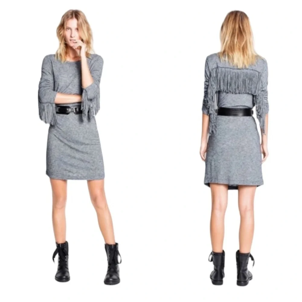Zadig & Voltaire Winter Fringes Wool/Angora Blend Mini Dress in Grey - Picture 13 of 13